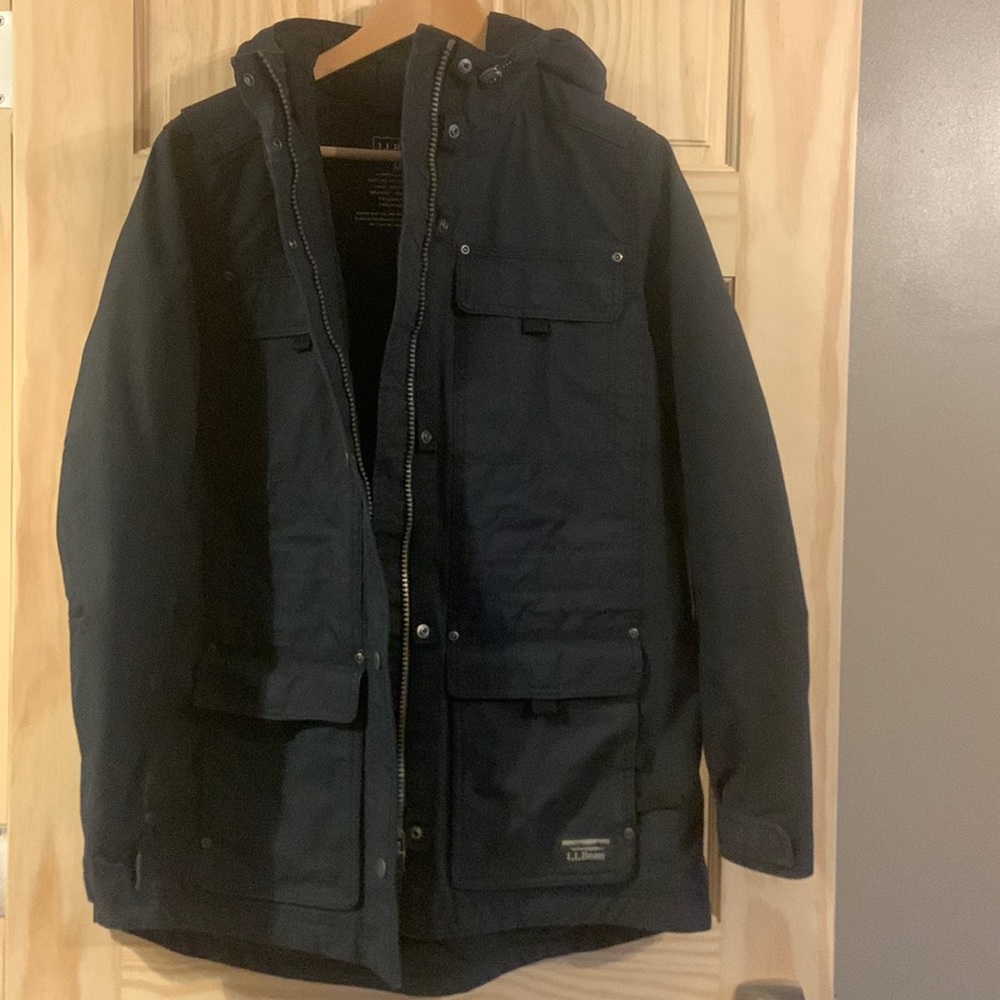 LL Bean Women’s black winter hooded coat.